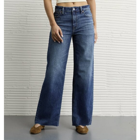 AE Dreamy Drape Stretch Super High-Waisted Baggy Wide-Leg Jean Dark Wash Size 0 - Picture 1 of 14